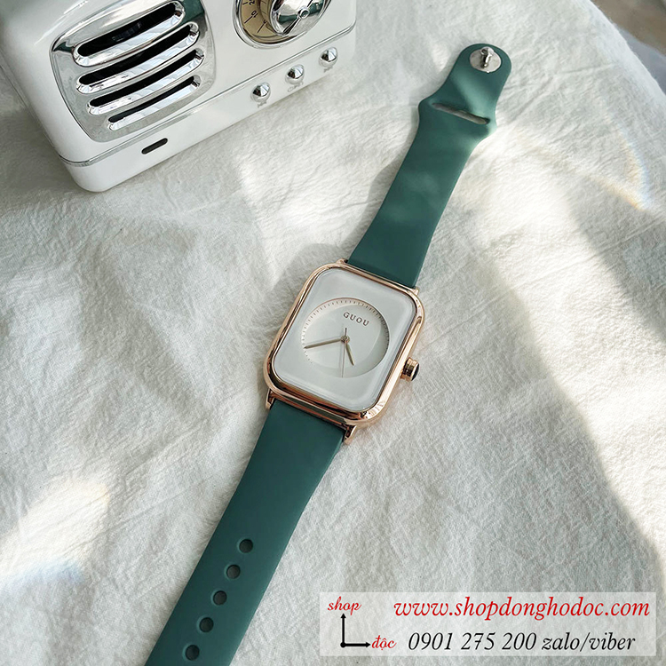 Đồng hồ Guou nữ dây silicon xanh mặt chữ nhật trắng thời trang ĐHĐ38506
