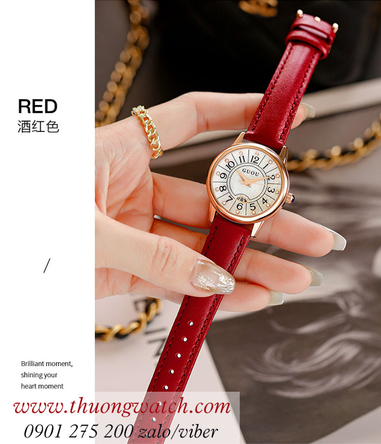 Đồng hồ Guou nữ dây da mặt tròn đỏ quyến rũ ĐHĐ39101