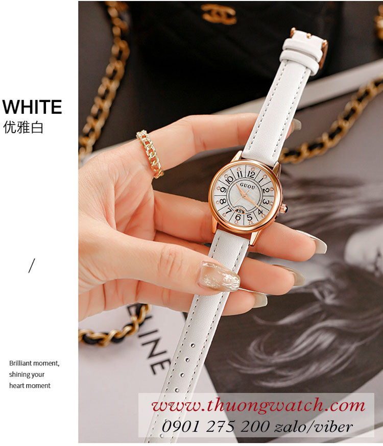 Đồng hồ Guou nữ dây da mặt tròn trắng sang chảnh ĐHĐ39104