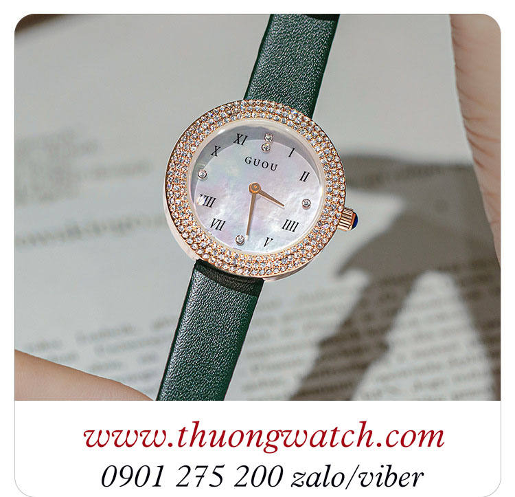 Đồng hồ nữ Guou dây da mặt tròn đính đá xanh lục ĐHĐ39302