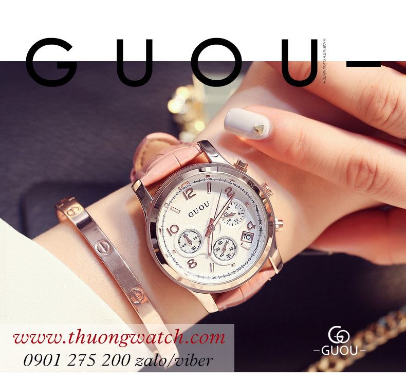 Đồng hồ nữ Guou 8175 dây da mặt tròn size to hồng pastel ĐHĐ39403