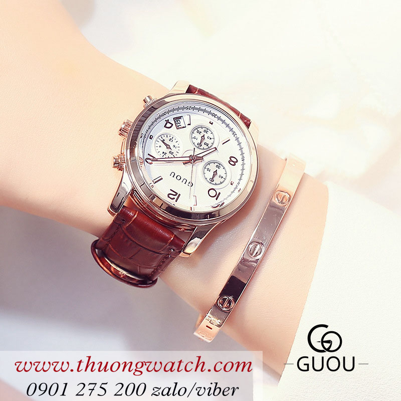 Đồng hồ nữ Guou 8175 dây da mặt tròn size to nâu cổ điển ĐHĐ39401