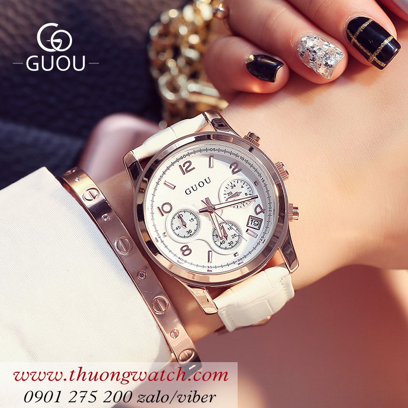 Đồng hồ nữ Guou 8175 dây da mặt tròn size to trắng sang chảnh ĐHĐ39402