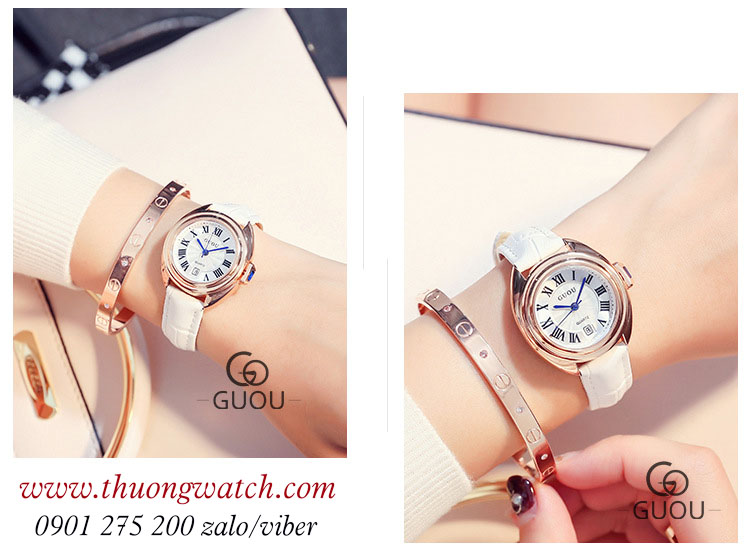 Đồng hồ nữ Guou 8211 dây da mặt tròn trắng sang chảnh ĐHĐ39502
