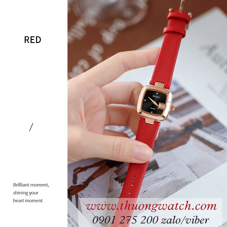 Đồng hồ nữ Guou dây da mặt vuông size nhỏ đỏ ĐHĐ39803