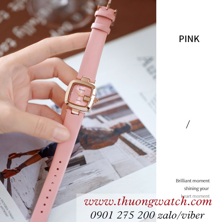 Đồng hồ nữ Guou dây da mặt vuông size nhỏ hồng pastel ĐHĐ39801