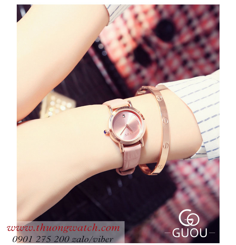 Đồng hồ Guou nữ dây da mặt tròn size nhỏ hồng pastel ĐHĐ39903