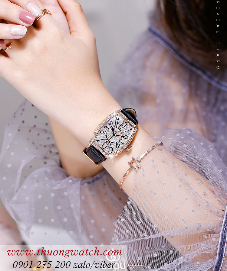 Đồng hồ nữ Guou dây da mặt chữ nhật oval đính đá đen ĐHĐ40002