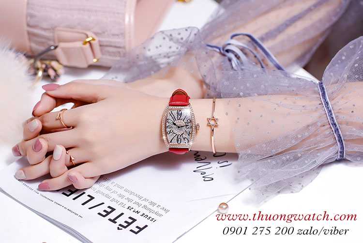 Đồng hồ nữ Guou dây da mặt chữ nhật oval đính đá đỏ ĐHĐ40001