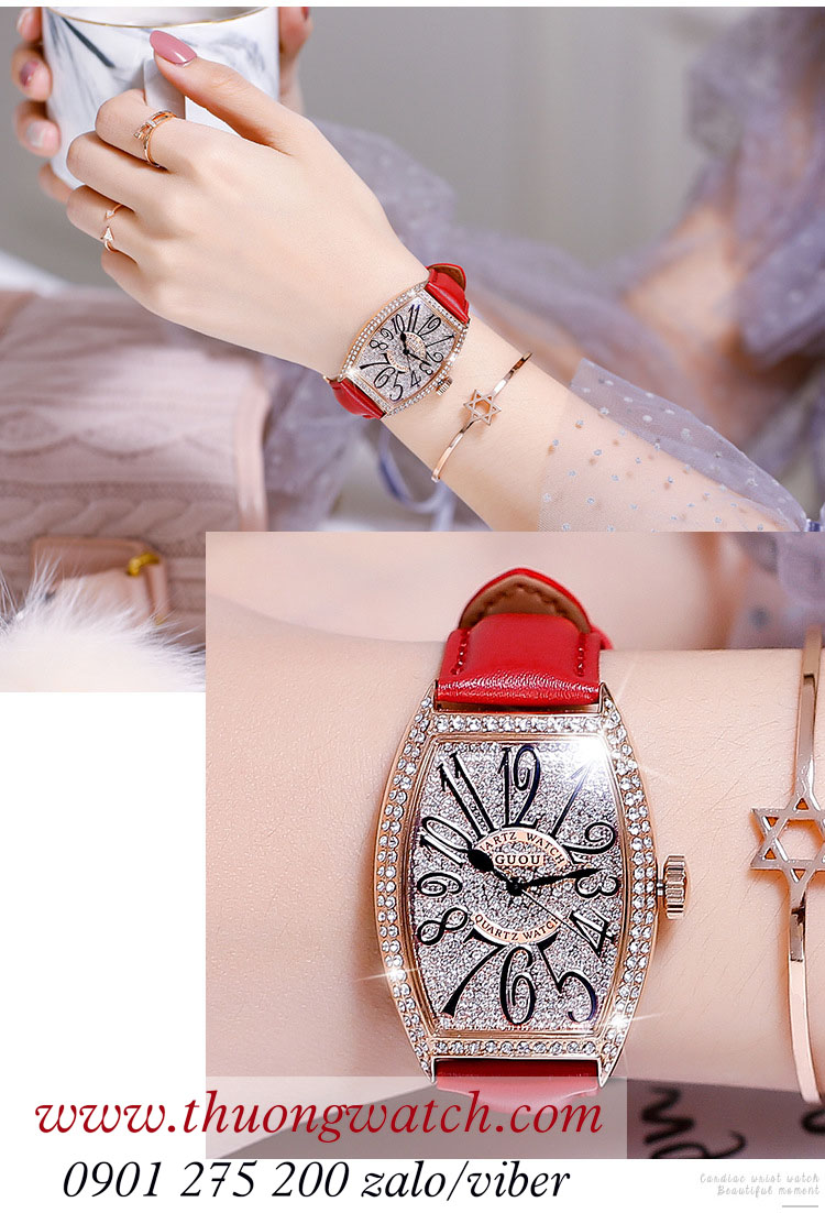 Đồng hồ nữ Guou dây da mặt chữ nhật oval đính đá đỏ ĐHĐ40001