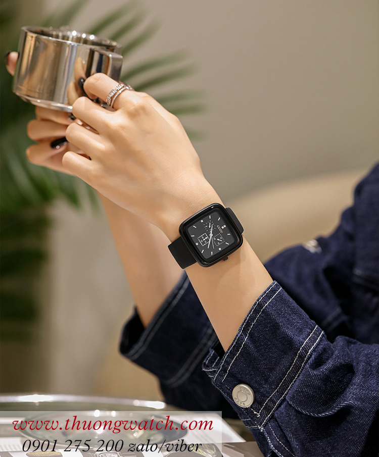 Đồng hồ nữ Guou 6050 dây cao su mặt vuông đen cá tính ĐHĐ41405