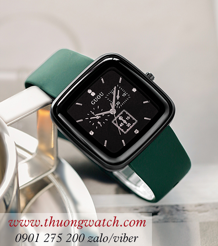 Đồng hồ nữ Guou 6050 dây cao su mặt vuông xanh lục sành điệu ĐHĐ41403