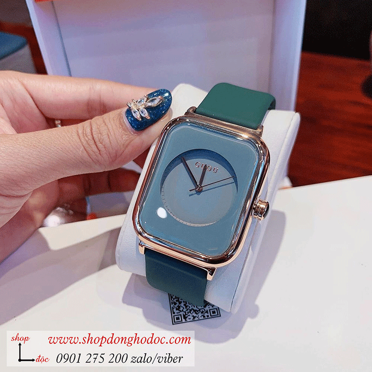 Đồng hồ Guou nữ 8162 dây cao su xanh mặt chữ nhật xanh sành điệu ĐHĐ38501