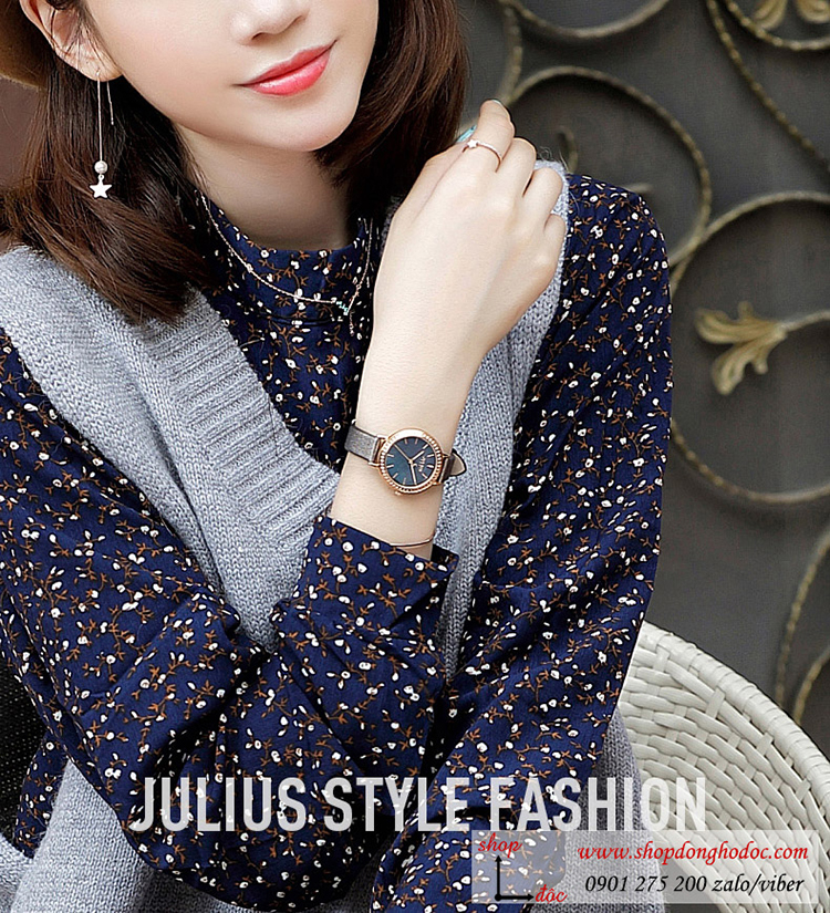Đồng hồ nữ Hàn Quốc Julius JA 1036E dây da mặt tròn đính đá xám thời trang ĐHĐ30602