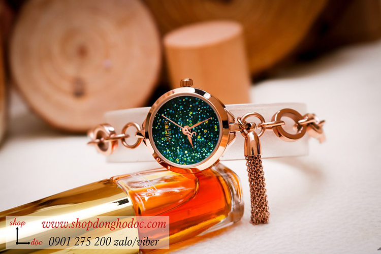 Đồng hồ Julius nữ Hàn Quốc JA 1059C dây kim loại vàng mặt tròn xanh lục size nhỏ kiểu lắc tay ĐHĐ32503