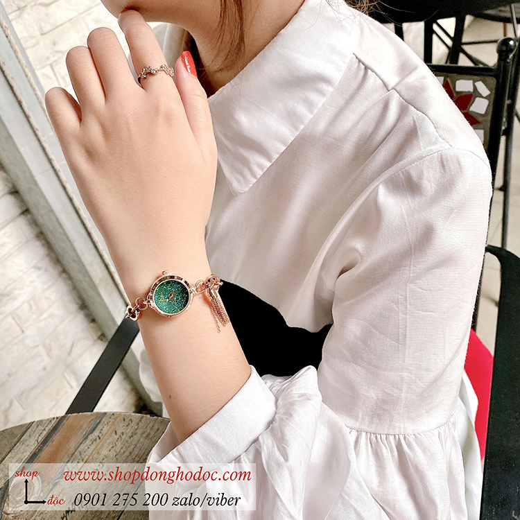 Đồng hồ Julius nữ Hàn Quốc JA 1059C dây kim loại vàng mặt tròn xanh lục size nhỏ kiểu lắc tay ĐHĐ32503