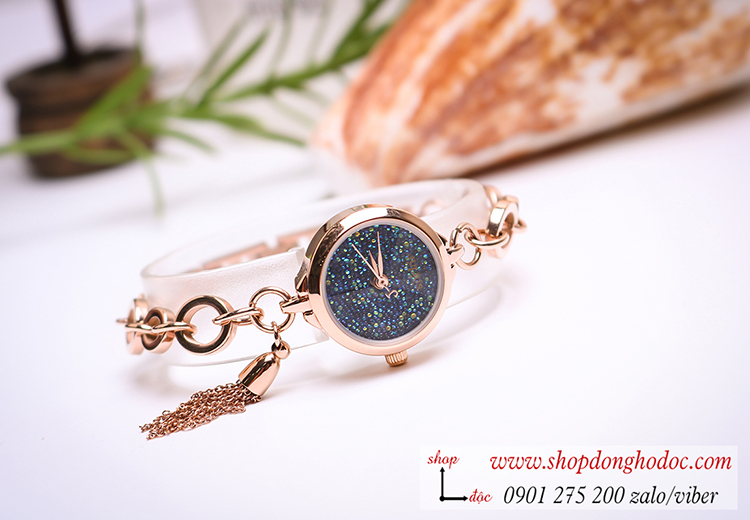 Đồng hồ Julius nữ Hàn Quốc JA 1059D dây kim loại vàng mặt tròn xanh dương size nhỏ kiểu lắc tay ĐHĐ32501
