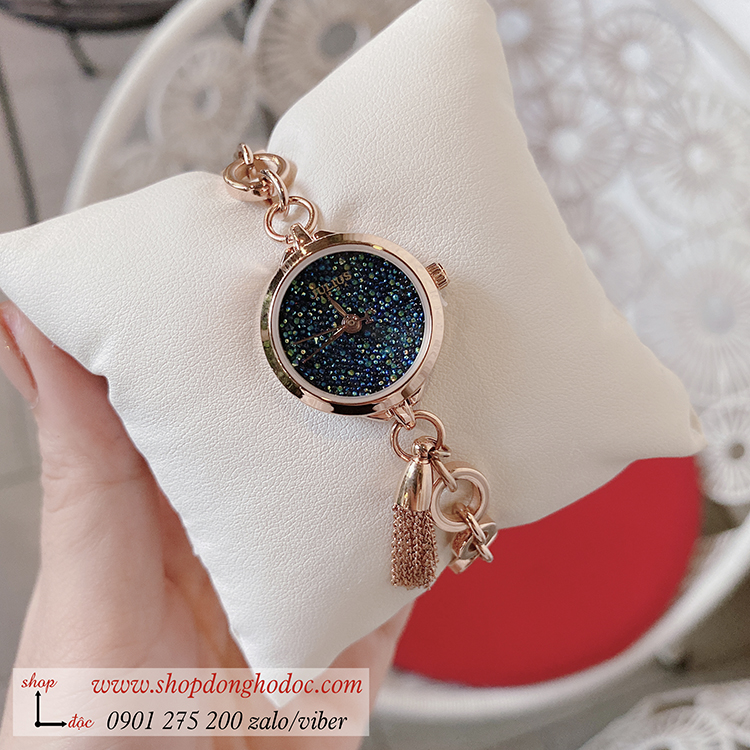 Đồng hồ Julius nữ Hàn Quốc JA 1059D dây kim loại vàng mặt tròn xanh dương size nhỏ kiểu lắc tay ĐHĐ32501