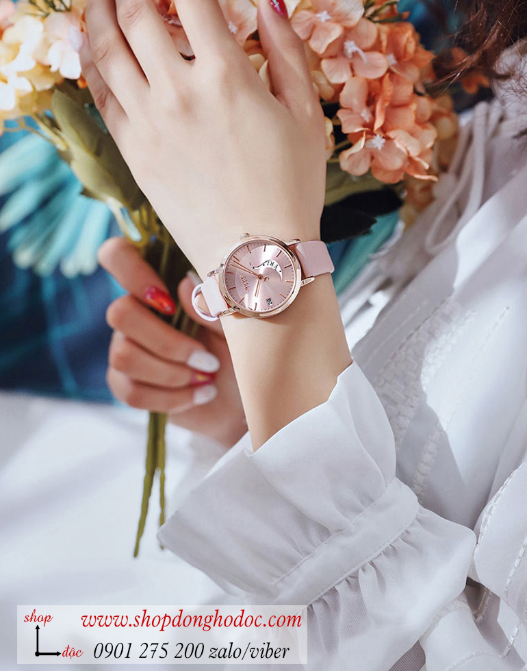 Đồng hồ nữ Julius Hàn Quốc JA 1076C dây da mặt tròn có lịch hồng pastel ngọt ngào ĐHĐ34204