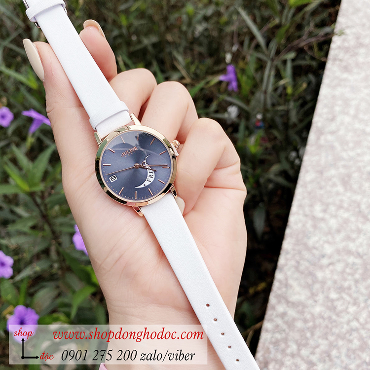 Đồng hồ nữ Julius Hàn Quốc JA 1076D dây da mặt tròn có lịch trắng xanh sành điệu ĐHĐ34202