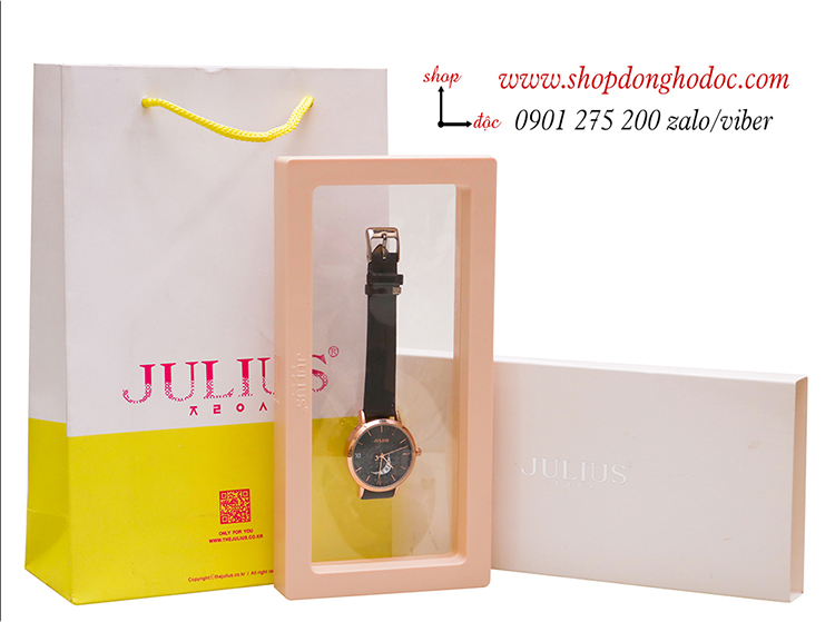 Đồng hồ nữ Julius Hàn Quốc JA 1076E dây da mặt tròn có lịch đen cá tính ĐHĐ34203