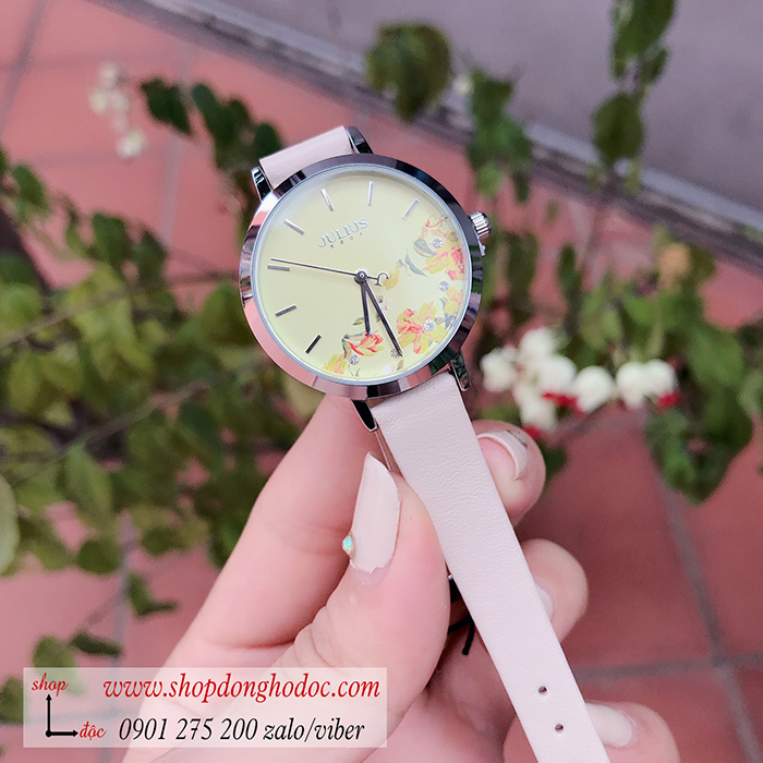 Đồng hồ nữ Hàn Quốc Julius JA 1089A dây da mặt tròn kem hoa độc đáo ĐHĐ30501