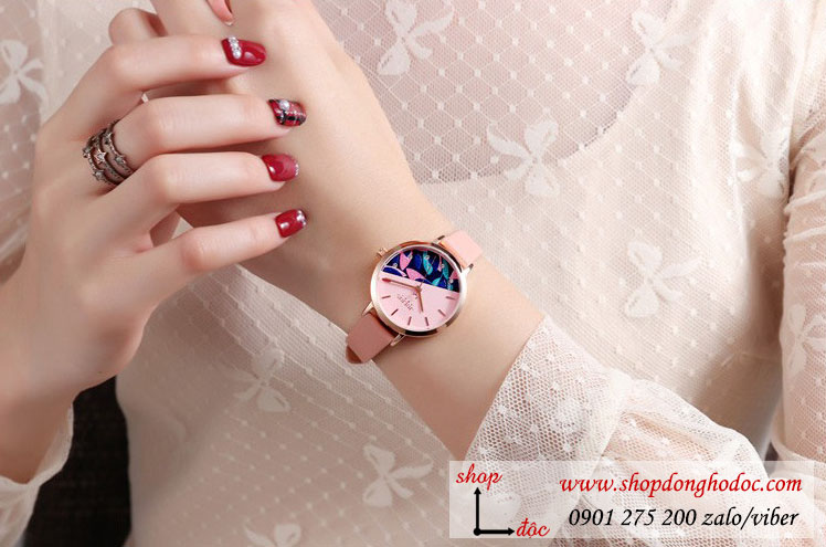 Đồng hồ nữ Hàn Quốc Julius JA 1089B dây da mặt tròn hồng pastel hoa độc đáo ĐHĐ30505