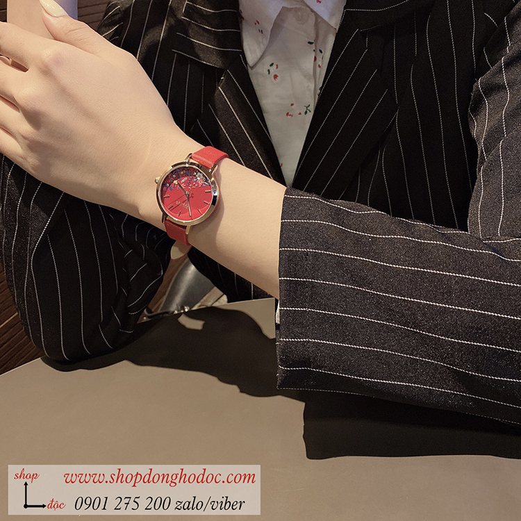 Đồng hồ nữ Hàn Quốc Julius JA 1089C dây da mặt tròn hoa độc đáo đỏ quyến rũ ĐHĐ30502