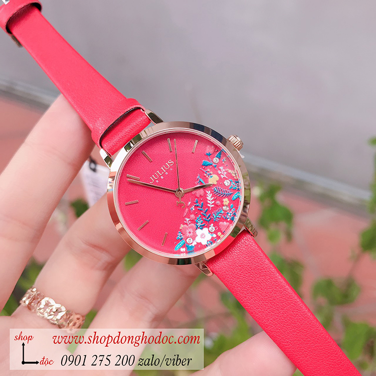 Đồng hồ nữ Hàn Quốc Julius JA 1089C dây da mặt tròn hoa độc đáo đỏ quyến rũ ĐHĐ30502