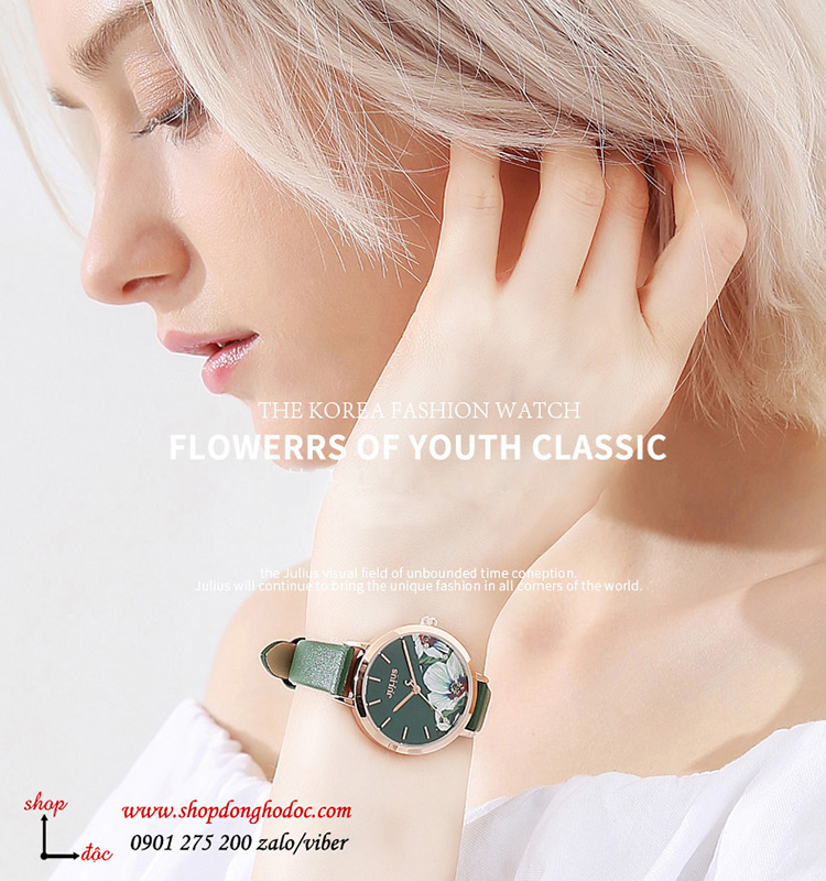 Đồng hồ nữ Hàn Quốc Julius JA 1089D dây da mặt tròn hoa độc đáo xanh lục thời thượng ĐHĐ30504
