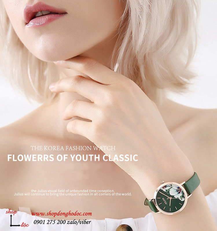 Đồng hồ nữ Hàn Quốc Julius JA 1089D dây da mặt tròn hoa độc đáo xanh lục thời thượng ĐHĐ30504