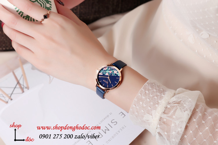 Đồng hồ nữ Hàn Quốc Julius JA 1089E dây da mặt tròn hoa độc đáo xanh dương cá tính ĐHĐ30503