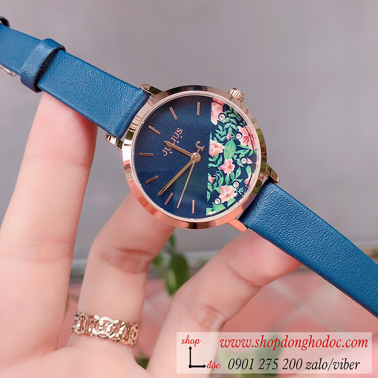 Đồng hồ nữ Hàn Quốc Julius JA 1089E dây da mặt tròn hoa độc đáo xanh dương cá tính ĐHĐ30503