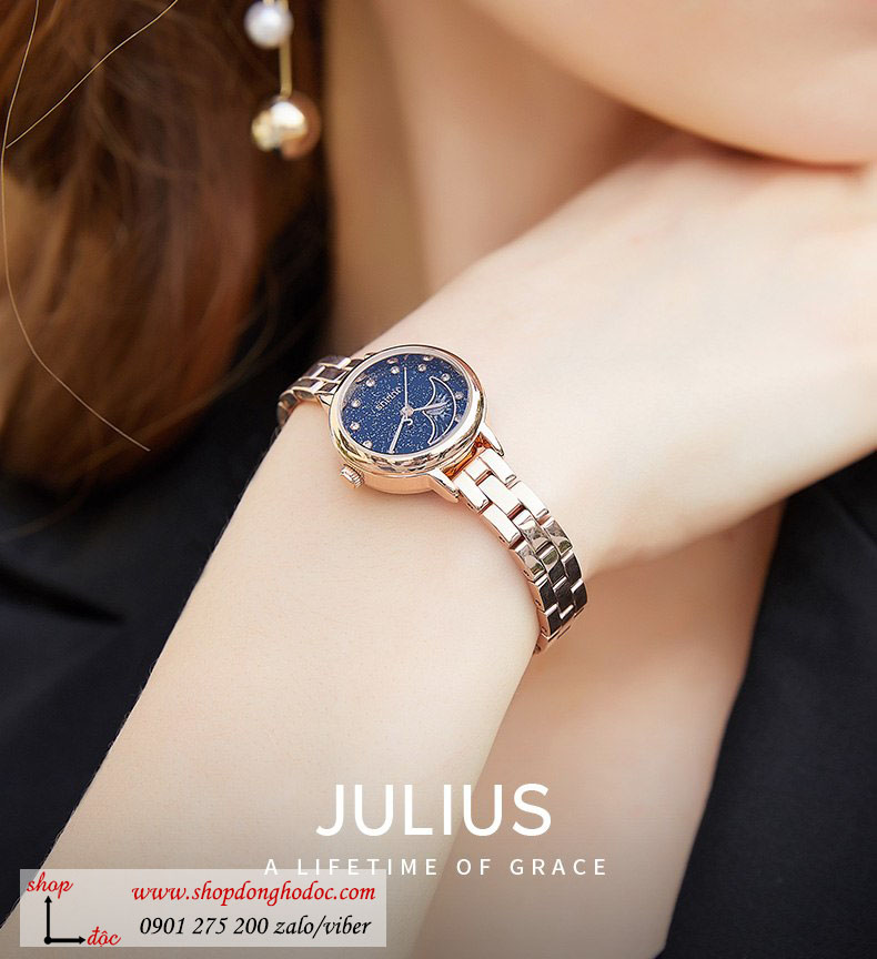 Đồng hồ nữ dây kim loại vàng mặt tròn size nhỏ xanh đen Julius 1157E ĐHĐ29802