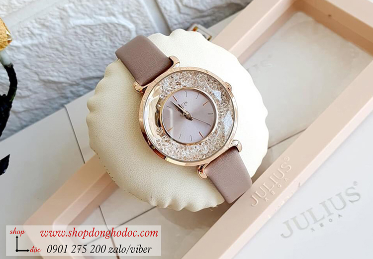 Đồng hồ nữ Hàn Quốc Julius JA 1203D dây da mặt tròn đính đá kem thời trang ĐHĐ33903