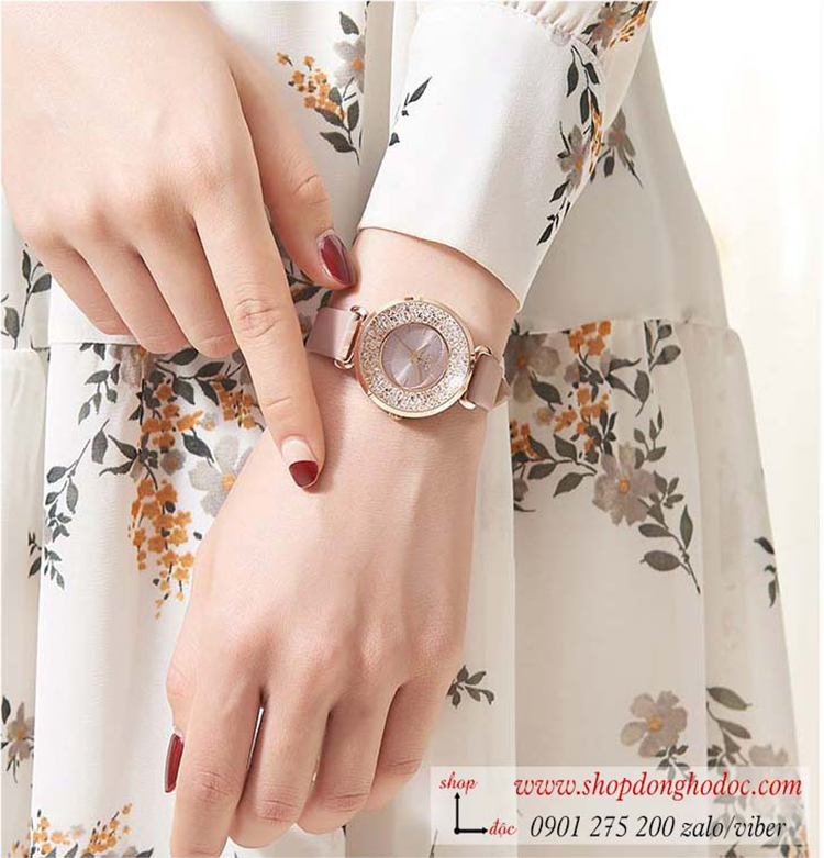Đồng hồ nữ Hàn Quốc Julius JA 1203D dây da mặt tròn đính đá kem thời trang ĐHĐ33903