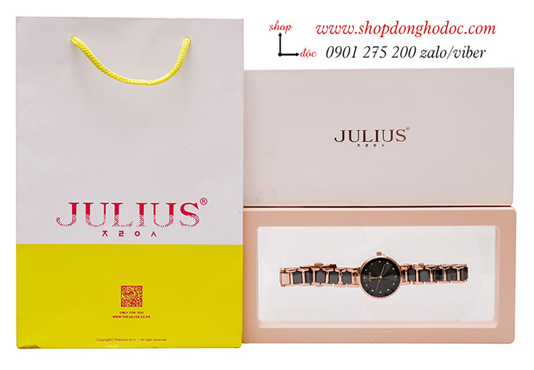 Đồng hồ nữ Caremic Hàn Quốc Julius JA 1209D dây kim loại mặt tròn đen cá tính ĐHĐ33404