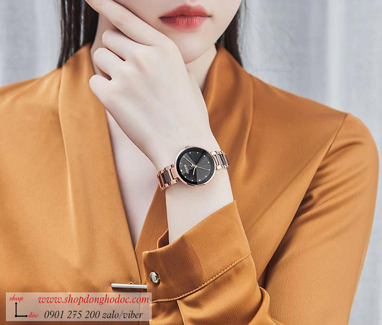 Đồng hồ nữ Caremic Hàn Quốc Julius JA 1209D dây kim loại mặt tròn đen cá tính ĐHĐ33404