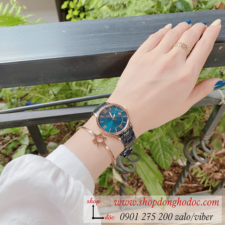 Đồng hồ nữ có lịch Julius JA 1218C dây kim loại mặt tròn xanh sành điệu ĐHĐ34401
