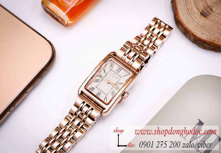 Đồng hồ nữ Julius Hàn Quốc JA 1252B dây kim loại vàng hồng mặt chữ nhật mặt trắng sang chảnh ĐHĐ28601