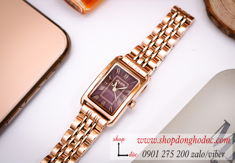 Đồng hồ nữ Julius Hàn Quốc JA 1252C dây kim loại vàng hồng mặt chữ nhật đỏ đô quyến rũ ĐHĐ28602