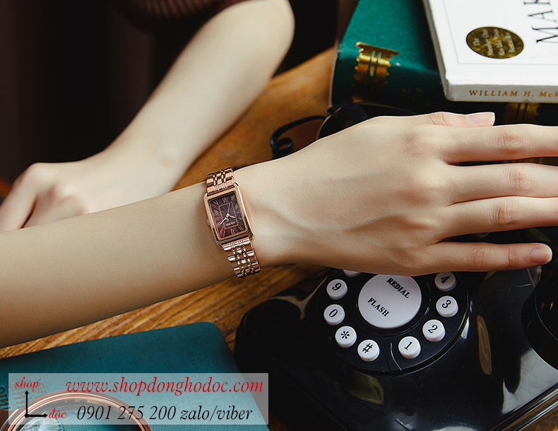 Đồng hồ nữ Julius Hàn Quốc JA 1252C dây kim loại vàng hồng mặt chữ nhật đỏ đô quyến rũ ĐHĐ28602
