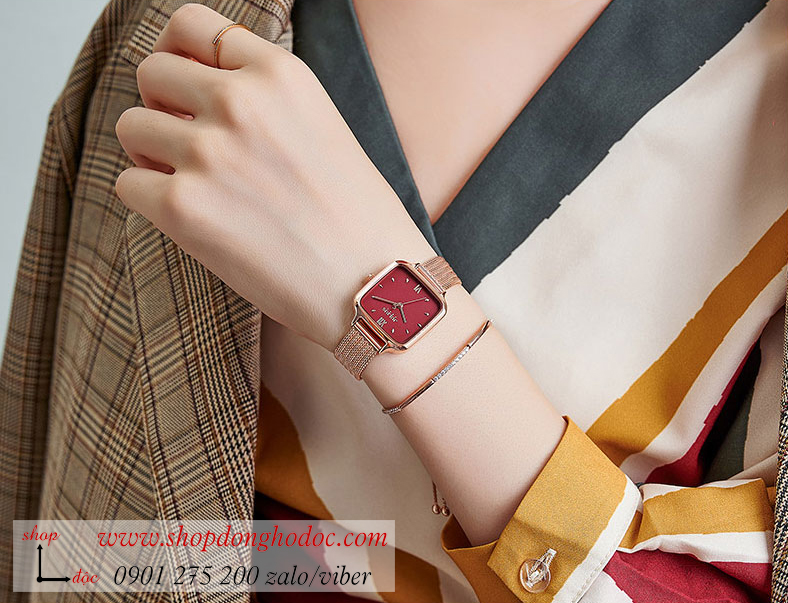 Đồng hồ nữ Julius JA 1264C dây kim loại lưới vàng mặt vuông đỏ quyến rũ ĐHĐ28803