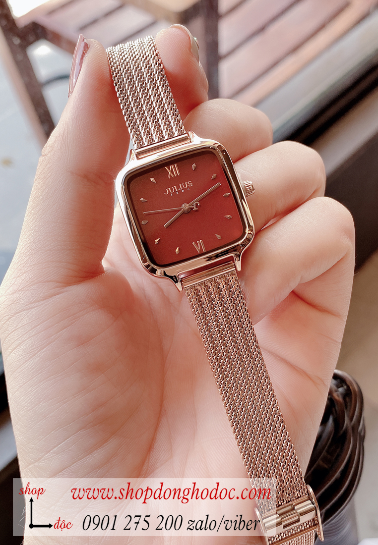 Đồng hồ nữ Julius JA 1264C dây kim loại lưới vàng mặt vuông đỏ quyến rũ ĐHĐ28803