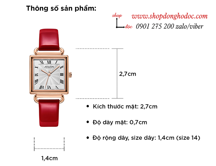Đồng hồ nữ Julius Hàn Quốc JA 1266C dây da mặt vuông đỏ quyến rũ ĐHĐ30201
