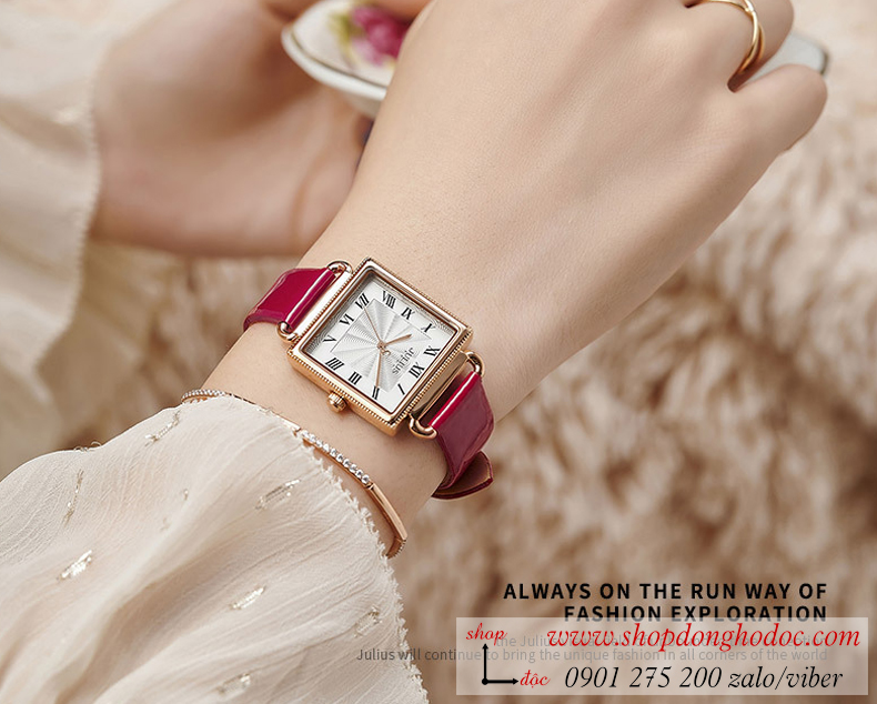 Đồng hồ nữ Julius Hàn Quốc JA 1266A dây da mặt vuông hồng pastel ngọt ngào ĐHĐ30203