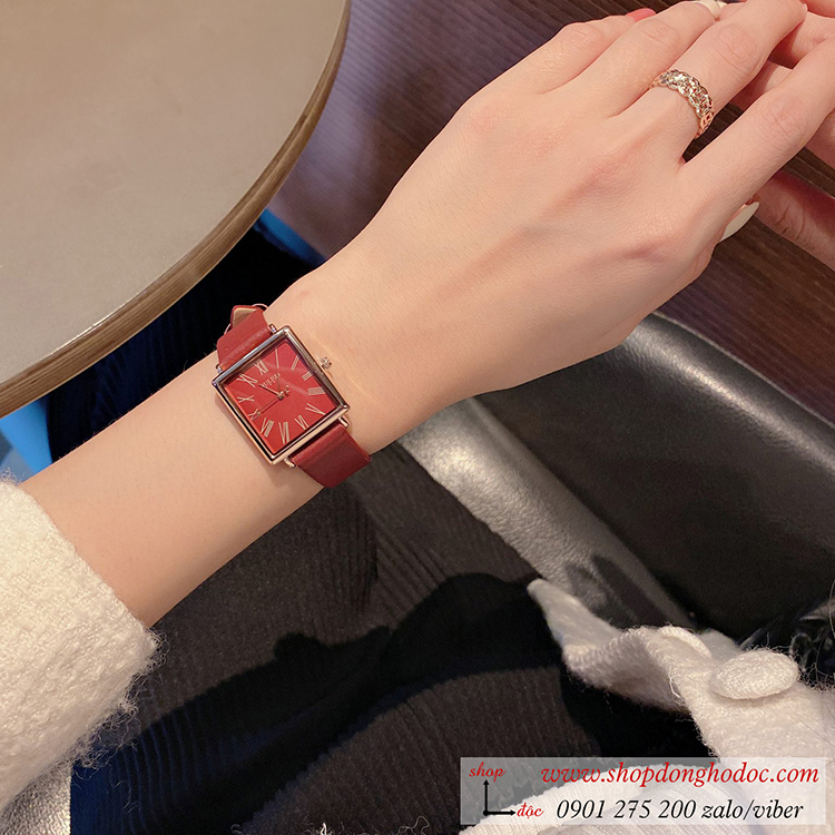 Đồng hồ nữ Hàn Quốc Julius JA 1269D dây da mặt chữ nhật đỏ đô quyến rũ ĐHĐ31002