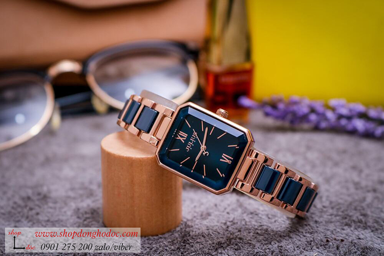 Đồng hồ nữ Hàn Quốc Julius JA 1273C dây kim loại vàng mặt vuông xanh sành điệu ĐHĐ33204