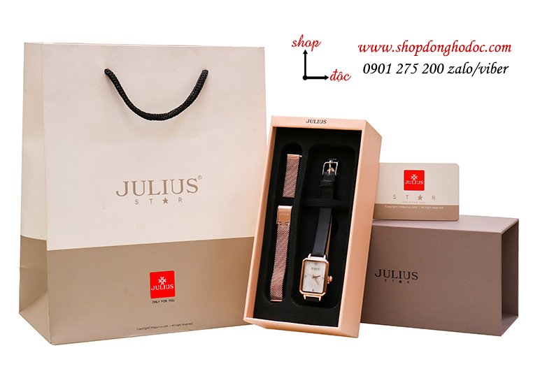 Đồng hồ nữ Julius Hàn Quốc JA 1280A dây da mặt chữ nhật khảm trai trắng sang chảnh ĐHĐ30301
