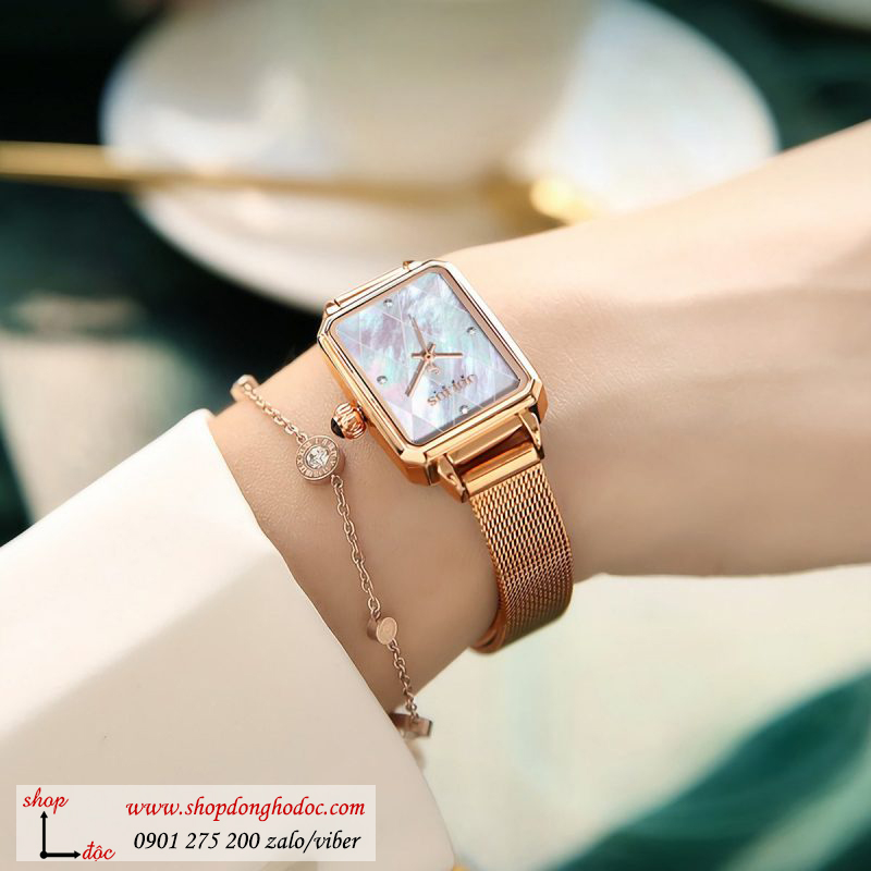 Đồng hồ nữ Julius Hàn Quốc JA 1280A dây kim loại mặt chữ nhật khảm trai trắng sang chảnh ĐHĐ30303